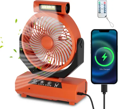 Obrázek produktu pro Přenosný dobíjecí ventilátor Hengda - 20000mAh kempingový ventilátor se světlem a háčkem, vhodný pro stany, outdoor - USB ventilátor na baterie, vhodný na pikniky, grilování, rybaření, oranžový