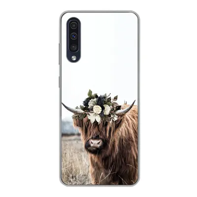 Produktbild von MuchoWow® Handyhülle Schutzhülle Hülle für Samsung Galaxy A30s Schottischer Highlander - Blumen - Tiere Silikon Softcase Handy Hülle - Karteninhaber