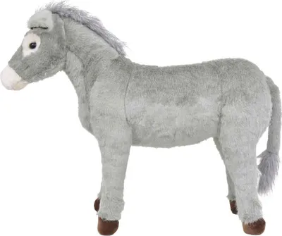 A plush toy donkey standing on a white background.
