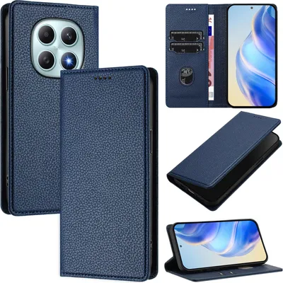 Produktbild von Litchi Leder Handyhülle für Xiaomi Redmi Note 15 4G Wallet Kartenfächer Standfunktion Hülle Blau