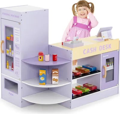 Produktbild von COSTWAY Kinder Kaufladen, Supermarkt-Set mit Kasse, POS-Maschine, Kaufmannsladen aus Holz, für Kinder von 3-8 Jahren (Lila)