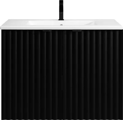 Produktbild von Rillenförmiger wandmontierter Badezimmerschrank mit Waschbecken - Schwarz - 80 cm - ZILGA