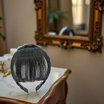Produktbild von 1 x schwarzes Haarband aus Kunsthaar mit Clip, lange Perücke und Stirnband für Damen