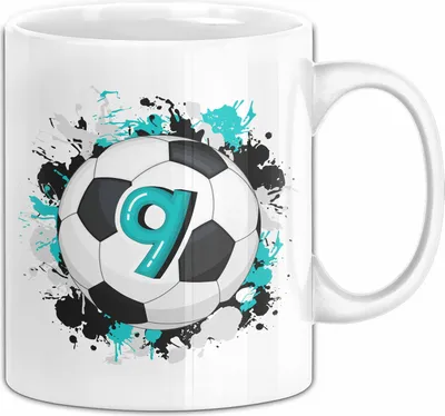 Produktbild von 9. Geburtstag Geschenk Tasse Becher Jungs Fußball Geburtstagsgeschenk  (Weiß)