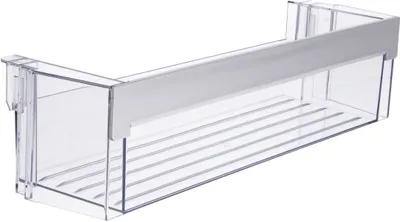 A clear plastic shelf with a white trim, likely for a refrigerator.