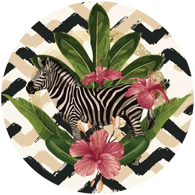 Image de Sticker cercle ZEBRA fleurs feuilles tropicales plantes abstraction sticker mural salon chambre enfant 100 cm x 100 cm
