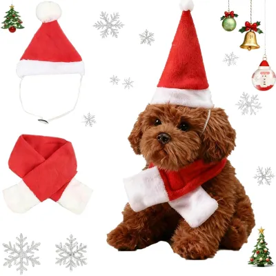 Productafbeelding van Kerstoutfit voor huisdieren met kerstmuts en rode sjaal