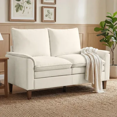 Produktbild von Zweisitzer Sofa Chenille, 2-Sitzer Couch mit Federkissen, tiefer Sitz, hohe Rückenlehne, Cremeweiß | 146 x 84 x 95 cm | bis 250 kg | 24 cm Polsterung