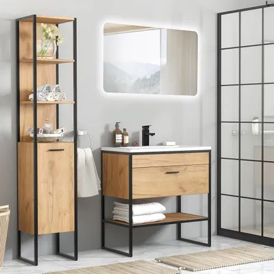 Produktbild von Badmöbelset im Industrial-Style MANHATTAN-56 4-teilig in Gold Craft Oak Eiche/schwarz B/H/T: 135/200/46cm