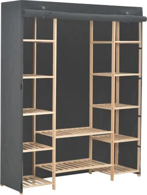 A fabric wardrobe with wooden shelves.