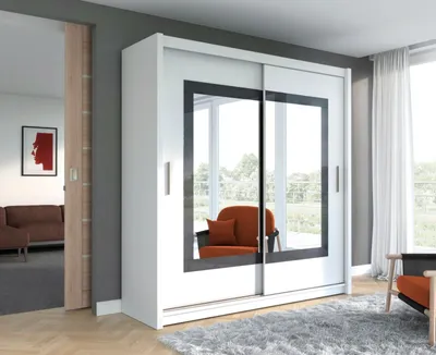 Produktbild von Schwebetürenschrank PRESTON 203 cm mit Spiegel – Kleiderschrank modern, großer Schlafzimmer Schrank (Weiss)