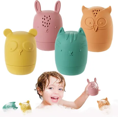 Produktbild von Baby Bade Spielzeug Set, 4x Silikon Bade Tiere, BPA frei, für Kinder, Buntes Bade Spielzeug