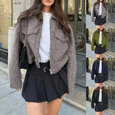 Produktbild von Damen-Tweedblazer im Retro-Stil mit offener Vorderseite, schmaler Passform und langen Ärmeln; bequeme kurze Jacke für Büro, Winter, Frühling und Herbst sowie retroartige Oberbekleidung