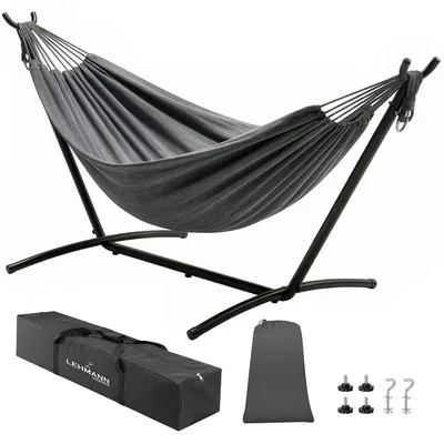 Productafbeelding van Famanu – Hangmat met frame voor 2 personen, dubbele hangmat met een draagvermogen tot 200 kg, inclusief draagtas, ideaal voor kamperen, de tuin en het balkon