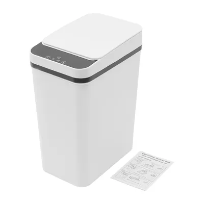 A white automatic trash can with a gray control panel on a white background.