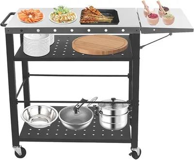 Produktbild von Grillwagen mit 4 Ebenen, mit Seitentisch, klappbar und 4 Rollen, mobil und abschließbar, Trolley für Küchen, Lagerhallen, Garagen, Büros, Waschküchen