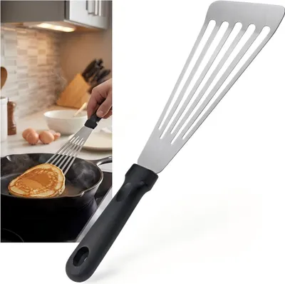 Produktbild von Fischwender Edelstahl flexibel, Pfannenwender 12 Zoll, antihaftfreundlich, spülmaschinengeeignet, ergonomischer Griff, vielseitig für Fisch, Eier, Burger & Steak