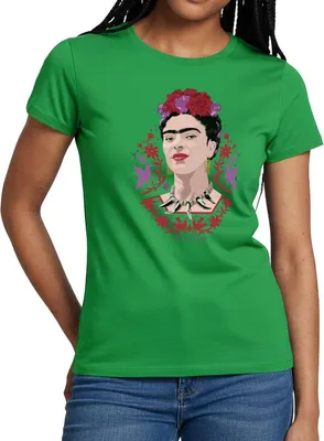 Produktbild von Spreadshirt Frida Kahlo Portrait Mit Blüten Lila Und Rot Frauen T-Shirt, L, Kelly Green