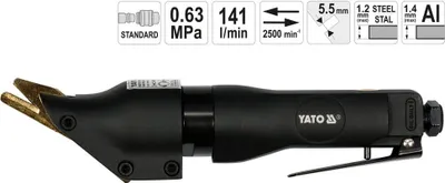 A pneumatic metal shear tool is shown against a white background, with technical specifications displayed above.