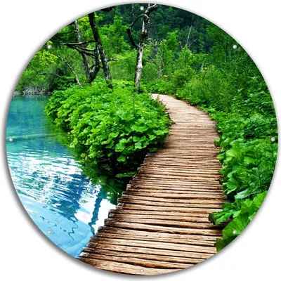 Produktbild von Wallario rundes Outdoor-Poster für Garten oder Balkon, Motiv Holzweg im Wald, 60 cm Durchmesser