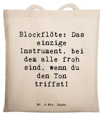 Produktbild von Mr. & Mrs. Panda Tote Bag Spruch Blockflöte Freude - Transparent - Geschenk, Musikausbildung, Jutebeutel, Schultasche, Bassblockflöte, Uni Tasche, Tenorblockflöte, Musik