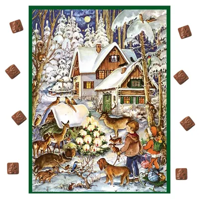 Produktbild von Adventskalender mit Schokolade – Nostalgisches Winterwald-Motiv mit Tieren (75 g)