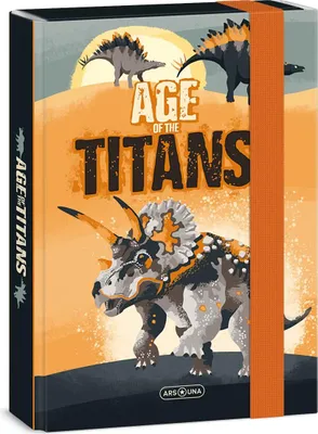 Produktbild von Ars Una Heftbox A5, Sammel- Heftmappe für Schulranzen, mit Gummiband und Innenklappen, Age of the Titans - Dinosaurier, grau-orange, für Jungen