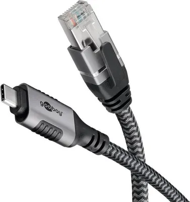 Produktbild von Ethernet-Kabel USB-C 3.2 Gen2 Stecker > RJ-45 Stecker (schwarz/silber, 5 Meter, geflochtener Textilmantel)