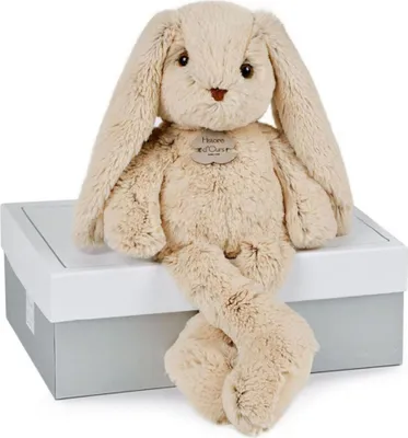 A plush bunny toy sitting on top of a gift box.