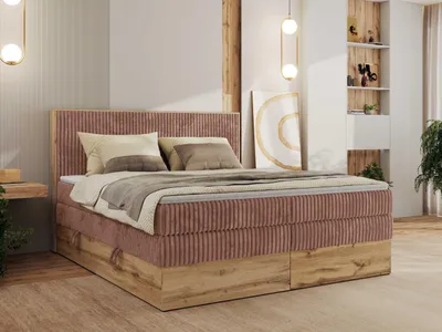 Produktbild von MKS MEBLE Boxspringbett WOOD CLASSIC KING, Doppelbett mit zwei Multipocket-Matratze und Topper Visco, hohe Kopfteil, Stauraum - 140 x 200 cm - H4 - Rosa Cord