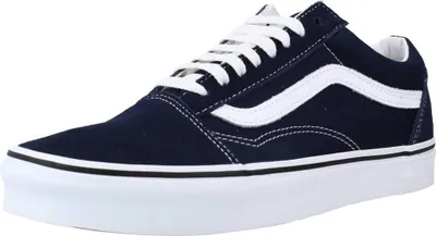 A single navy blue Vans Old Skool sneaker with a white side stripe and white laces, shown from a side angle against a white background.