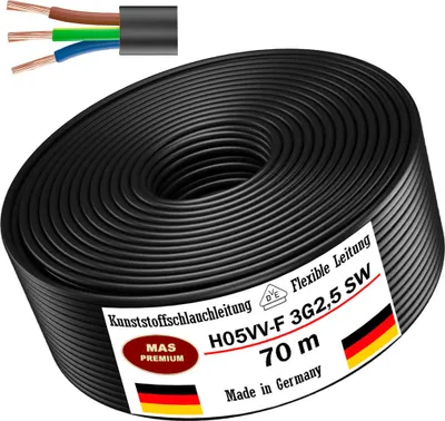 Obrázok produktu pre 70 m Plastový ohybný kábel H05VV-F 3G2,5 čierny Ohybný kábel Kábel pre spotrebiče