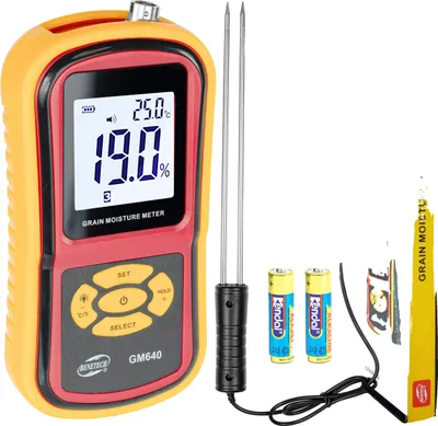 Zdjęcie produktu dla Miernik wilgotności ziarna, zakres wilgotności 5%-30%, zakres temperatury -10°C do 60°C, cyfrowy wyświetlacz LCD, 2-pinowa sonda, obsługuje 8 rodzajów ziarna
