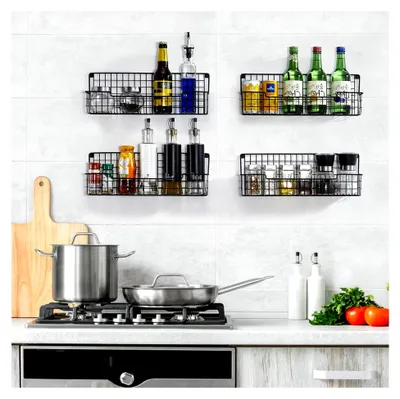 Produktbild von Wandhalterung für Gewürzregale, Gewürz-Organizer für Schrank- und Speisekammertüren, Set mit 4 hängenden Gewürzregalen, platzsparend, für die Küche, Schwarz