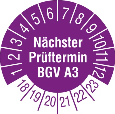Produktbild von TE-Office 500 Stück Prüfaufkleber Prüfplaketten 18-23 Nächster Prüftermin BGV A3 violett Rolle 1-bahnig 30 mm Durchmesser laminiert abriebfest