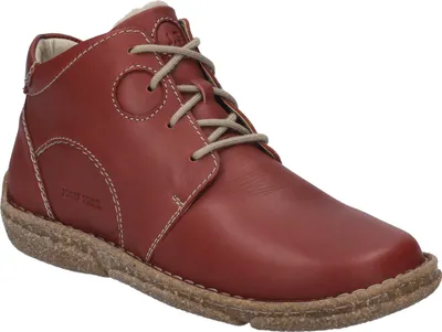 A single red leather boot is shown against a white background.