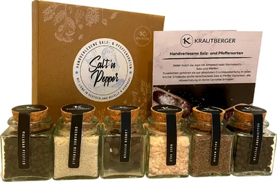 Produktbild von KRAUTBERGER® Salz & Pfeffer Geschenkbox – 6 naturbelassene Sorten inkl. Rezepten – hochwertiges Geschenkset für Genießer, Köche & Hobbygriller