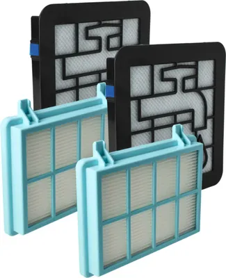 Four vacuum cleaner filters, two black HEPA filters and two light blue pre-motor filters, are arranged in a staggered formation against a white background.