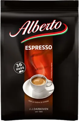A bag of Alberto Espresso coffee pads.