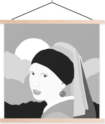 Produktbild von MuchoWow® Textilposter Girl With A Pearl Earring - Schwarz - Weiß - Sonne 120x120 cm mit holzfarbenen Rahmen - Textil-Poster