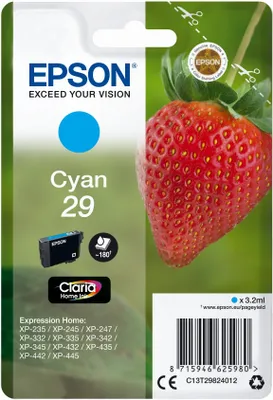 Zdjęcie produktu dla Epson Strawberry Singlepack Cyan 29 Claria Home Ink, Cyjan, 3,2 ml, 1 szt., 180 stron(y)