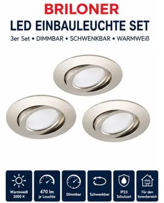 Produktbild von Briloner LED Einbauleuchten 3er Set Nickel 5W 470lm 3000K Dimmbar IP23 8309-032