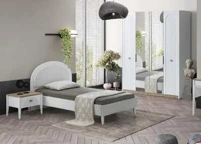 Productafbeelding van Kinderkamer set: modern eenpersoonsbed, nachtkastje, garderobekast, spiegel, design