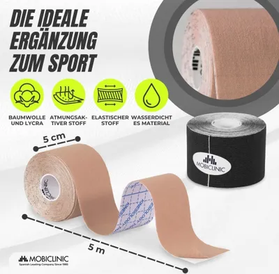 Obrázok produktu pre Mobiclinic, Kinesiotape, Mobitape, 2-pack tape, 5 cm x 5 m, kineziologická terapia, tape sport, kinesiotape farebný, čierno-béžový