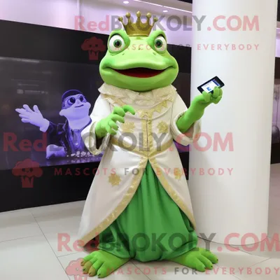 Produktbild von Maskottchenkostüm REDBROKOLY Frosch in Beige mit Abendkleid und Digitaluhren bekleidet