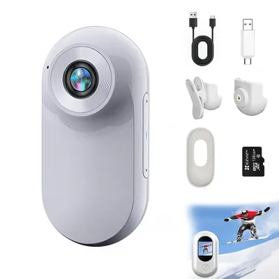 A collection of items related to a mini sport camera, including the camera itself, accessories, and a lifestyle shot of a snowboarder.