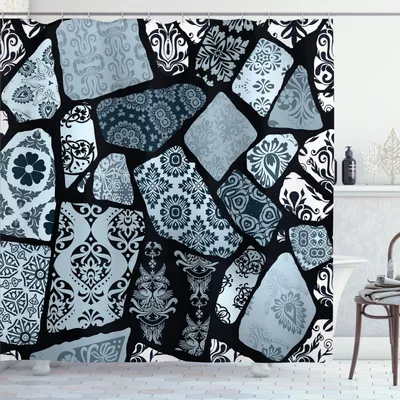 Obrázek produktu pro ABAKUHAUS Květinový sprchový závěs, moderní design s geometrickými tvary a vzory z různých kultur, 175 x 200 cm, modrošedá, černá, bílá