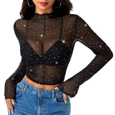 Produktbild von Solidchoice – Verführerische Damen-Oberteile mit transparenten Pailletten – Langärmlige T-Shirts ohne Kragen