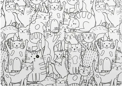 A busy pattern of many different cartoon cats drawn in black outline on a white background.