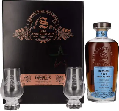 Produktbild von Signatory Vintage BOWMORE 45 Years Old 30th ANNIVERSARY 1972 in Holzkiste mit 2 Gläsern 46,70 % 0,70 Liter